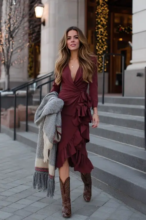 A woman wears a ruffled wrap midi dress in burgundy, styled with heeled cowboy boots and a wool shawl