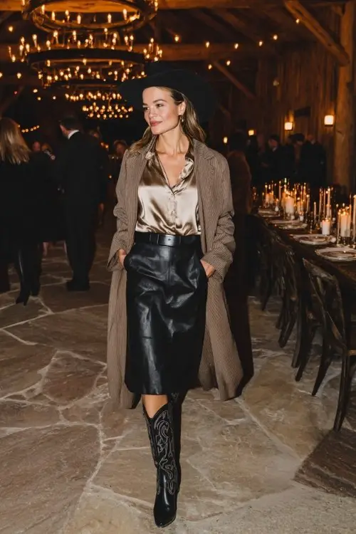 A woman wears a satin blouse tucked into a leather pencil skirt, layered with a belted longline coat and black cowboy boots