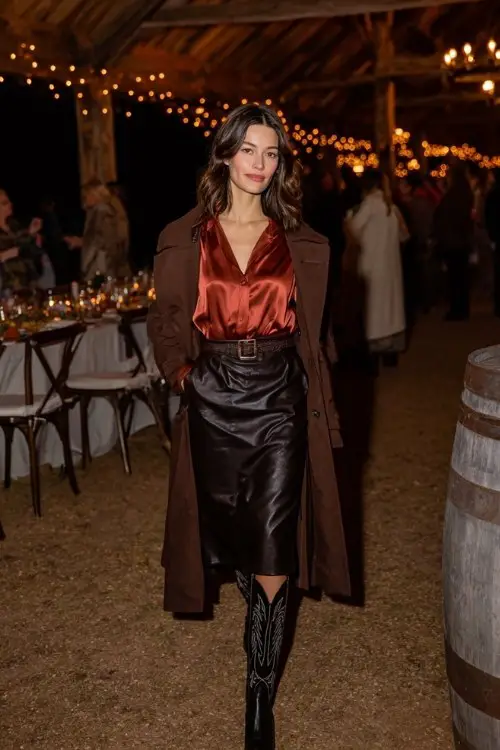 A woman wears a satin blouse tucked into a leather pencil skirt, layered with a belted longline coat and black cowboy boots