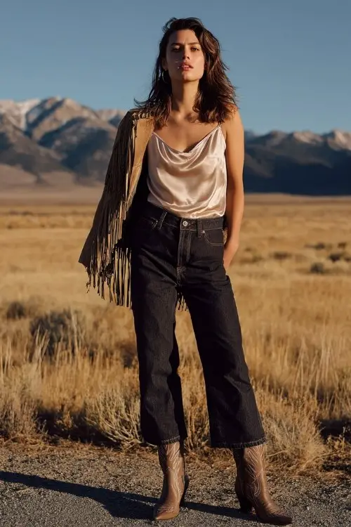 A woman wears a satin camisole in champagne tucked into dark bootcut jeans, styled with a fringe western jacket and mid-height cowboy boots