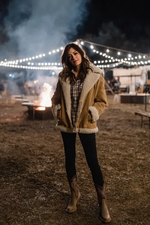 A woman wears a shearling-lined suede jacket over a plaid shirt and black skinny jeans with brown cowboy boots