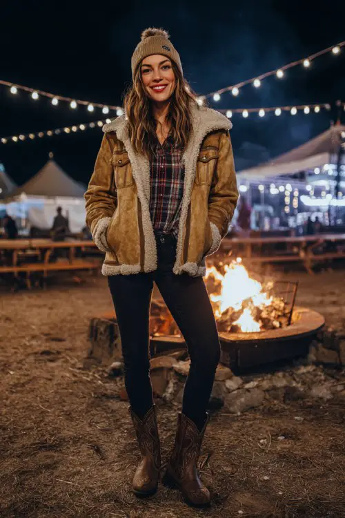 A woman wears a shearling-lined suede jacket over a plaid shirt and black skinny jeans with brown cowboy boots