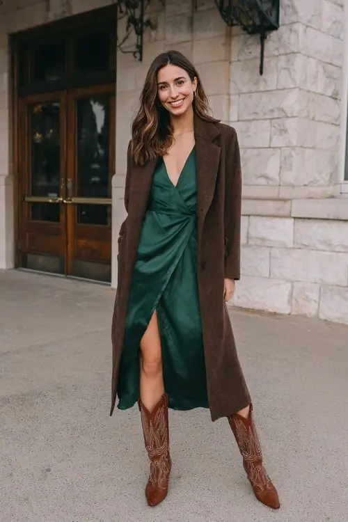A woman wears a silky wrap dress in deep emerald green, styled with pointed-toe brown cowboy boots and a structured wool coat, perfect for a cozy dinner date