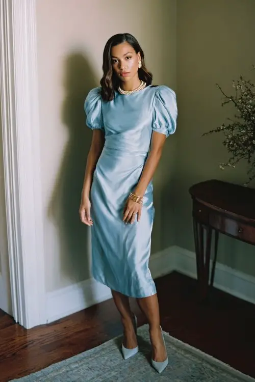 A woman wears a soft blue satin midi dress with puff sleeves, classic pumps, and pearl accessories, elegant ballroom wedding entrance with spring decor