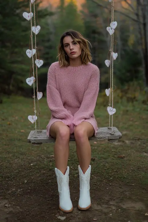 A woman wears a soft pink knit sweater dress with long sleeves and white cowboy boots