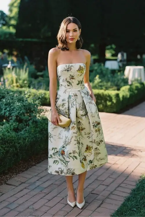 A woman wears a structured tea-length dress with embroidered botanical patterns, kitten heels, and a silk clutch, botanical garden wedding setting