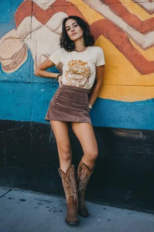 A woman wears a suede mini skirt, tucked-in graphic tee, and mid-shaft brown cowboy boots