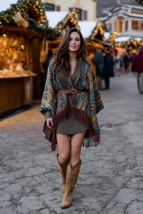 A woman wears a sweater dress layered under a belted wool cape with fringe and suede cowboy boots
