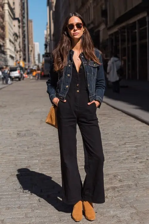 A woman wears a tailored jumpsuit in black with flared legs, layered under a denim jacket and finished with tan suede cowboy boots