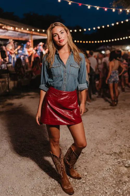 A woman wears a tucked-in denim button-up shirt with a glossy red leather mini skirt and brown embroidered cowboy boots