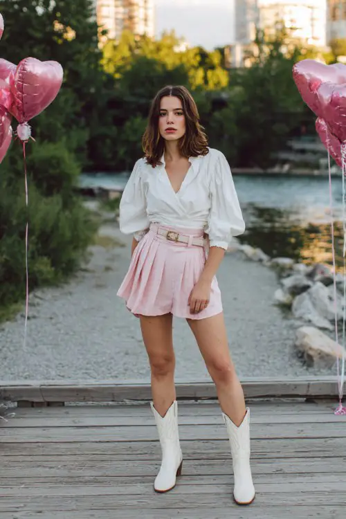 A woman wears a tucked-in white blouse with puff sleeves and a pleated pink mini skirt, belted at the waist and styled with white cowboy boots