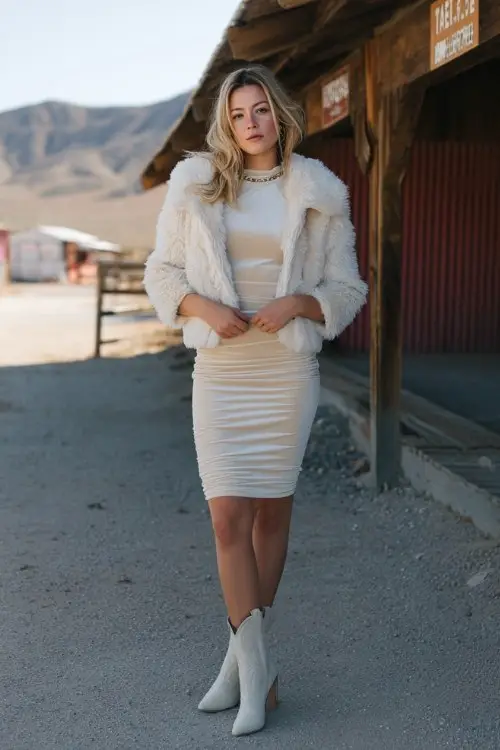 A woman wears a velvet bodycon dress and western-style boots in ivory, layered with a cropped faux fur jacket