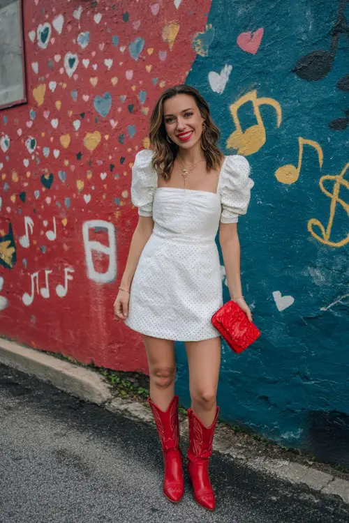 A woman wears a white eyelet mini dress with puff sleeves, red cowboy boots, and a matching red clutch