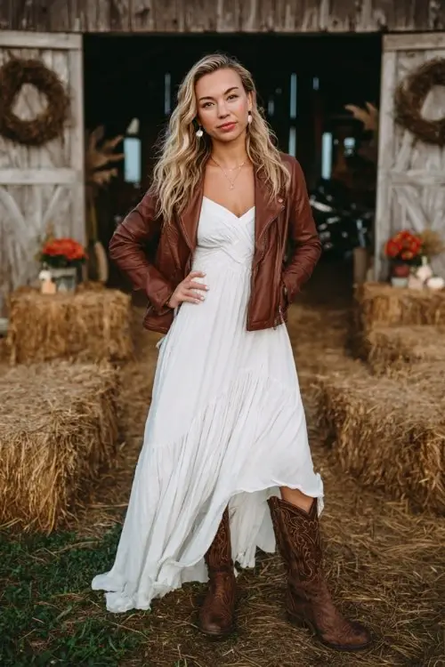 A woman wears a white flowy maxi dress with a leather jacket and distressed brown cowboy boots