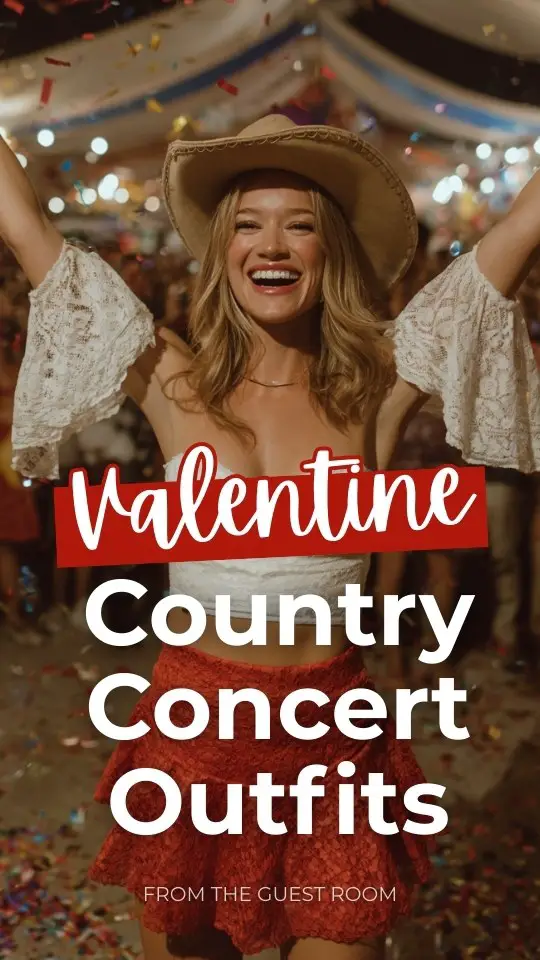 A woman wears a white lace off-the-shoulder crop top with bell sleeves, a flared red lace skirt, and a tan cowgirl hat
