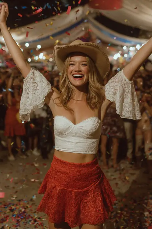 A woman wears a white lace off-the-shoulder crop top with bell sleeves, a flared red lace skirt, and a tan cowgirl hat