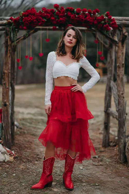 A woman wears a white long-sleeve lace crop top paired with a bold red layered tulle skirt and bright red cowboy boots