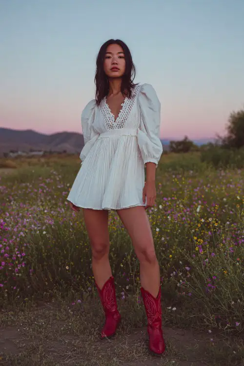 A woman wears a white pleated mini dress with heart-embroidered mesh details and red cowboy boots