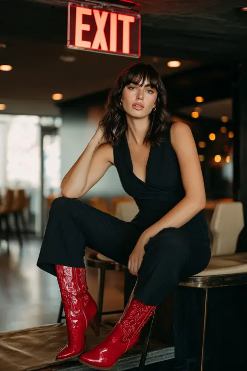 A woman wears an all-black jumpsuit with a wrap neckline and flared legs, paired with glossy red cowboy boots as the bold focal point