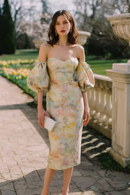 A woman wears an elegant pastel jacquard midi dress with sculptural sleeves, pearl heels, and a crystal clutch, standing in a blooming garden wedding venue, soft spring sunlight