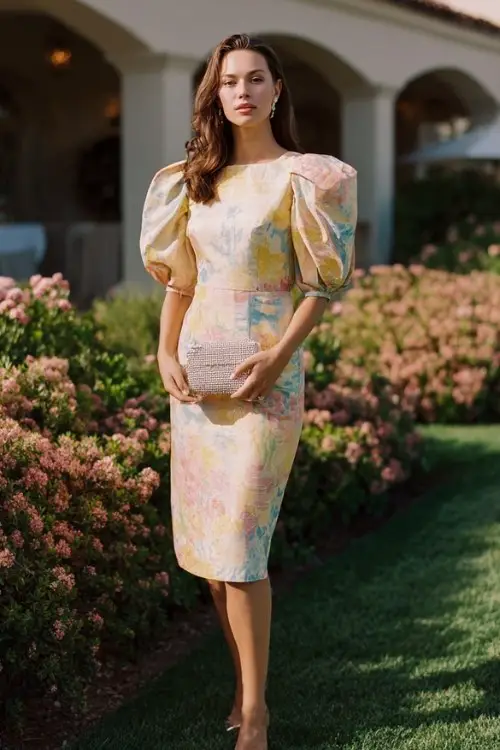 A woman wears an elegant pastel jacquard midi dress with sculptural sleeves, pearl heels, and a crystal clutch, standing in a blooming garden wedding venue