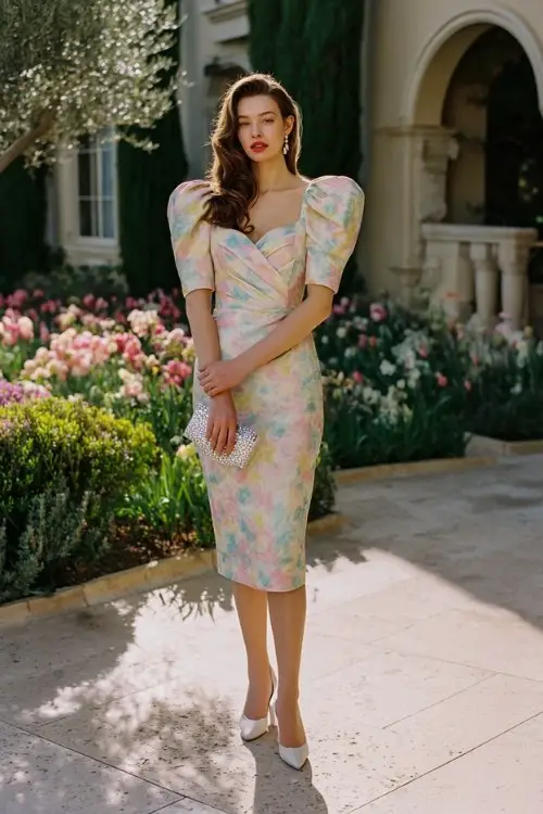 A woman wears an elegant pastel jacquard midi dress with sculptural sleeves, pearl heels, and a crystal clutch