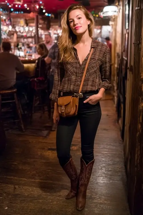 A woman wears dark skinny jeans tucked into brown cowboy boots, paired with a plaid button-down shirt and a leather crossbody bag