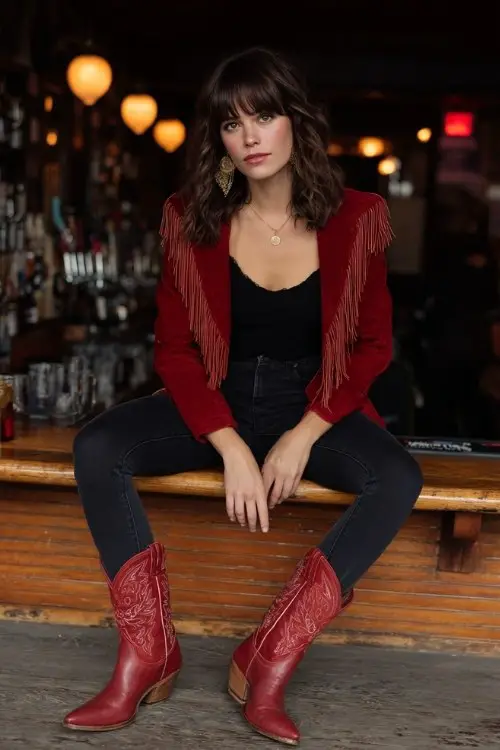 A woman wears dark skinny jeans with a body-hugging black top and a red suede fringe jacket, styled with classic red cowboy boots
