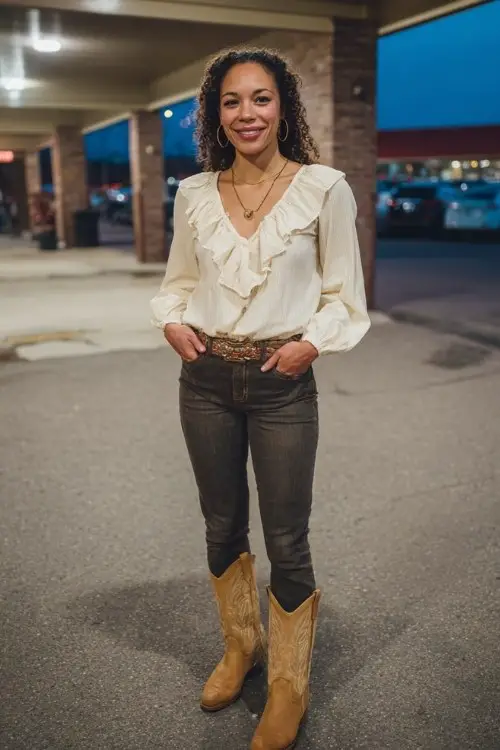 A woman wears dark-wash flared jeans with a tucked-in ruffle blouse and tan cowboy boots, paired with a dainty pendant and soft curls