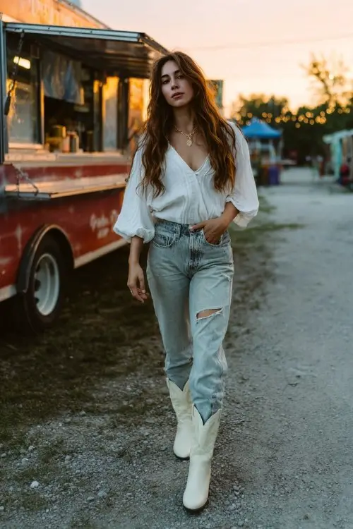 A woman wears distressed jeans, a flowy white blouse, and white cowboy boots