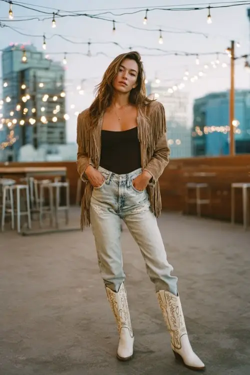 A woman wears distressed straight-leg jeans tucked into white embroidered cowboy boots, paired with a fitted black bodysuit and a suede fringe jacket