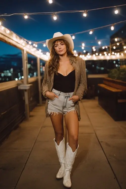 A woman wears distressed straight-leg jeans tucked into white embroidered cowboy boots, paired with a fitted black bodysuit and a suede fringe jacket