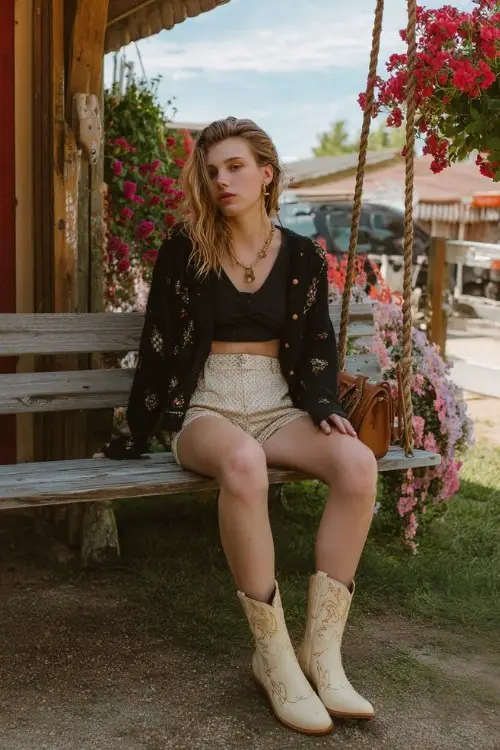 A woman wears high-rise shorts, a cropped cardigan, and embroidered boots