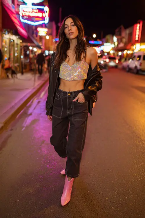 A woman wears high-waisted dark-wash jeans with a sparkling silver top and pink cowboy boots, styled with a cropped leather jacket