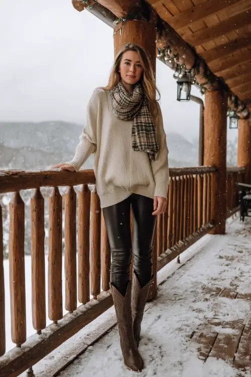 A woman wears leather leggings with an oversized neutral sweater and dark cowboy boots