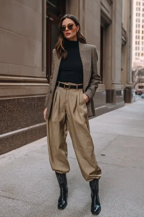 A woman wears wide-leg trousers with a fitted turtleneck and a belted long blazer, finished with black cowboy boots (2)