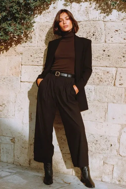 A woman wears wide-leg trousers with a fitted turtleneck and a belted long blazer, finished with black cowboy boots
