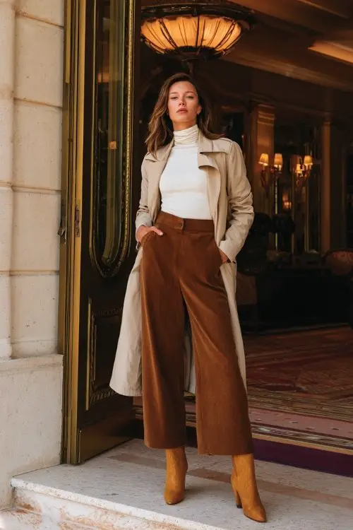 A woman wears wide-leg trousers with a high-neck top and a wool trench coat, paired with tall suede cowboy boots (2)