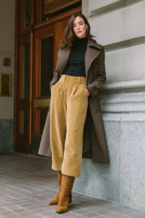 A woman wears wide-leg trousers with a high-neck top and a wool trench coat, paired with tall suede cowboy boots