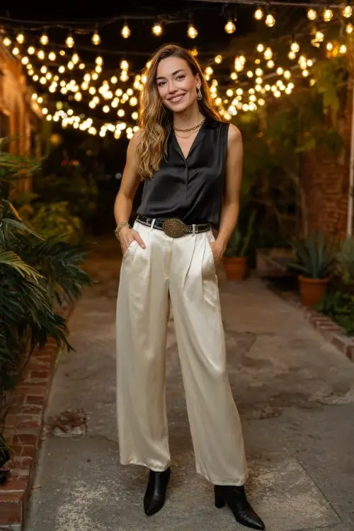 A woman wears wide-leg trousers with a sleeveless satin blouse and a western belt, styled with black heeled cowboy boots