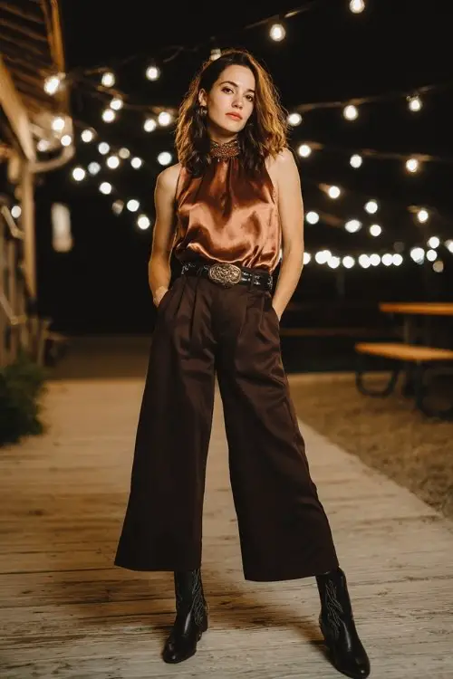 A woman wears wide-leg trousers with a sleeveless satin blouse and a western belt, styled with black heeled cowboy boots