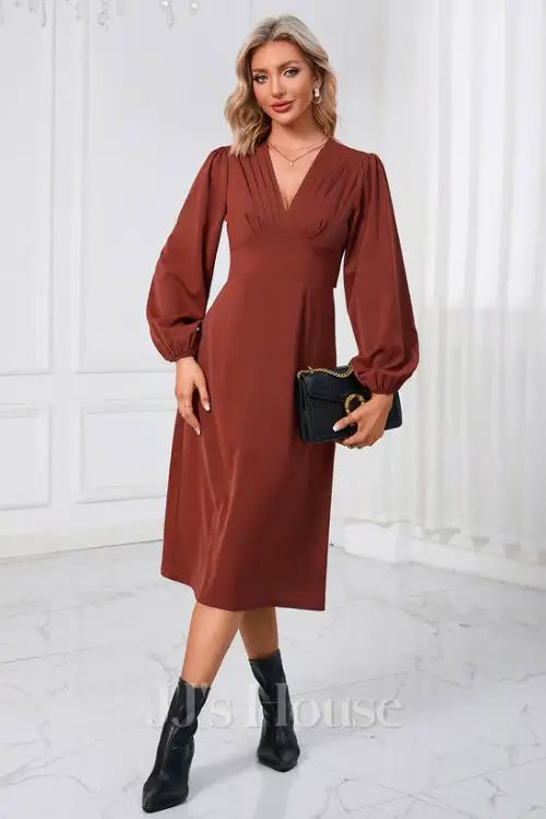 Bow Pleated V-Neck Long Sleeve A-line Satin Midi Dress