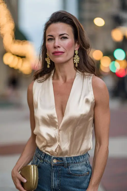 Chic woman over 40 wearing silky champagne sleeveless blouse, high-waisted jeans, statement earrings, holding clutch