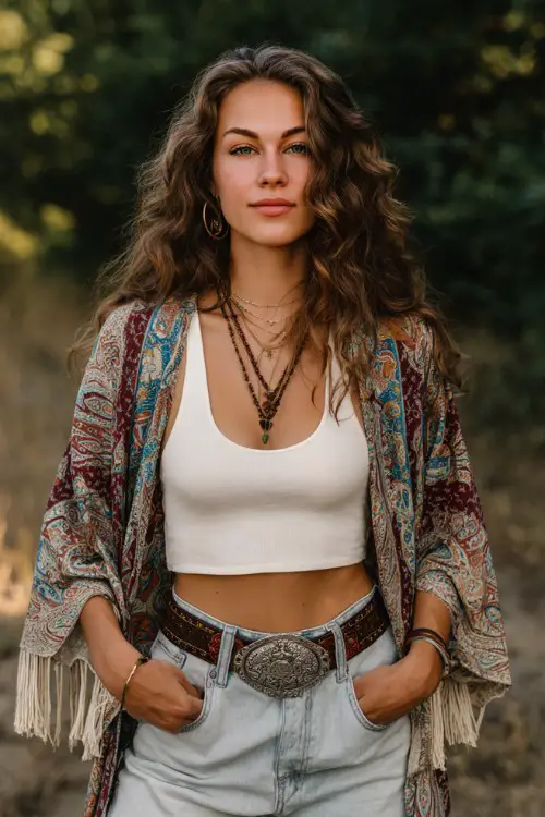 Confident woman over 30 wearing white cropped tank top, paisley fringe kimono cardigan, light wash jeans, statement western belt buckle, layered necklaces