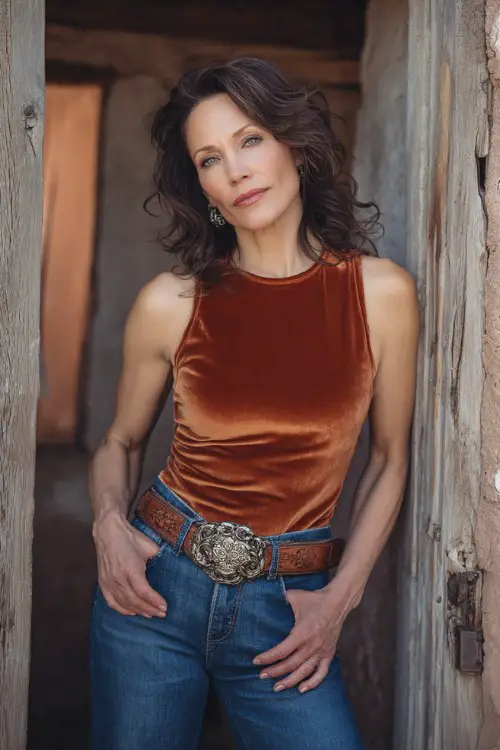 Confident woman over 40 wearing rust velvet sleeveless top, blue fitted jeans, statement western belt buckle, brown cowboy boots