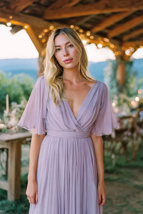 Elegant wedding guest dress, flowing lavender chiffon maxi dress with wrap neckline and soft flutter sleeves, pleated bodice, empire waist