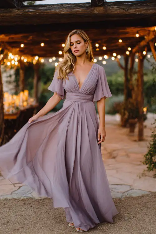 Elegant wedding guest dress, flowing lavender chiffon maxi dress with wrap neckline and soft flutter sleeves, pleated bodice, empire waist