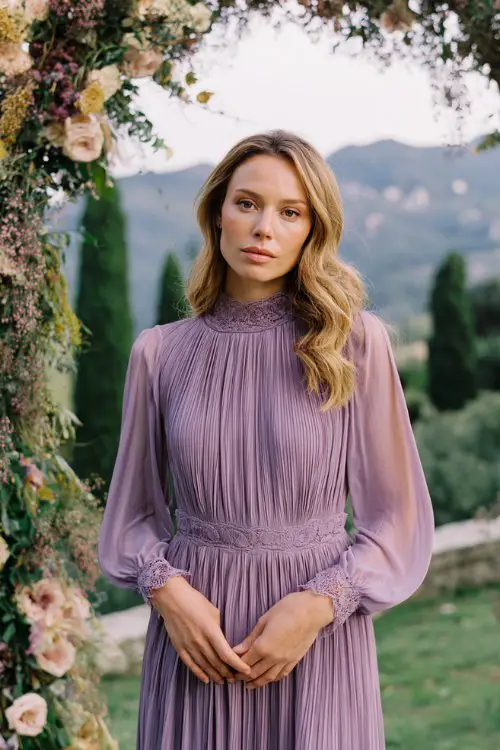 Elegant wedding guest dress, lavender long sleeve pleated maxi dress with lace high neckline, fitted waist, flowing skirt, woman standing under floral arch outdoors