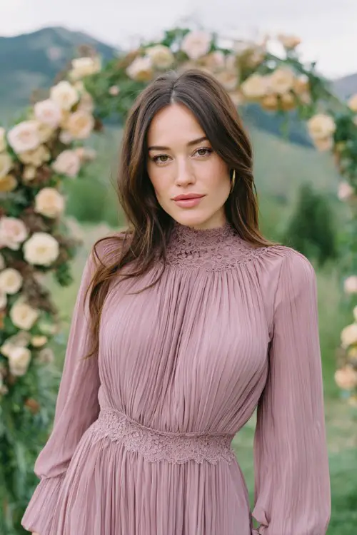 Elegant wedding guest dress, lavender long sleeve pleated maxi dress with lace high neckline, fitted waist, flowing skirt