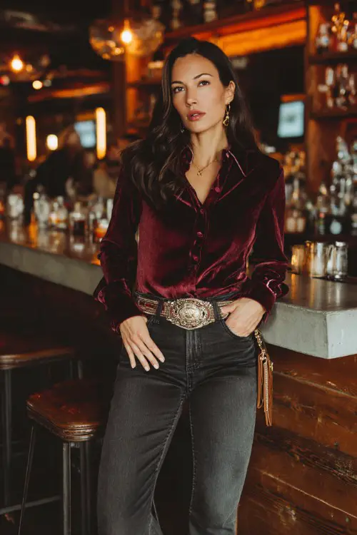 Elegant woman over 30 wearing burgundy velvet long sleeve blouse tucked into fitted jeans, large western belt buckle, brown cowboy boots